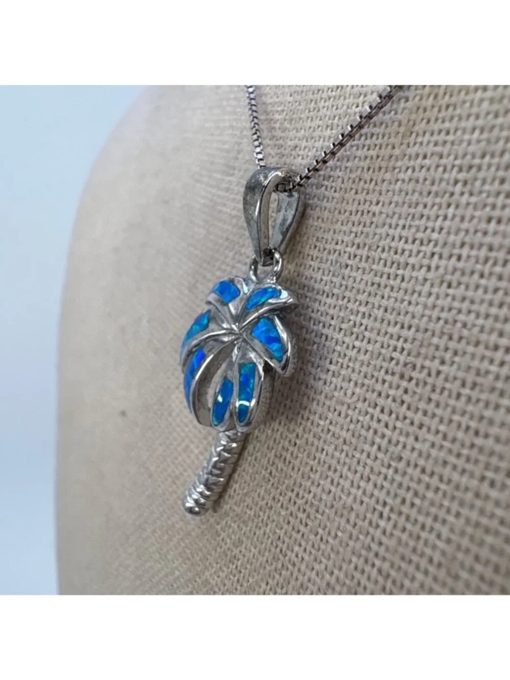 Blue Opal Palm Tree Pendant Necklace Sterling Silver 925 Size 15.5